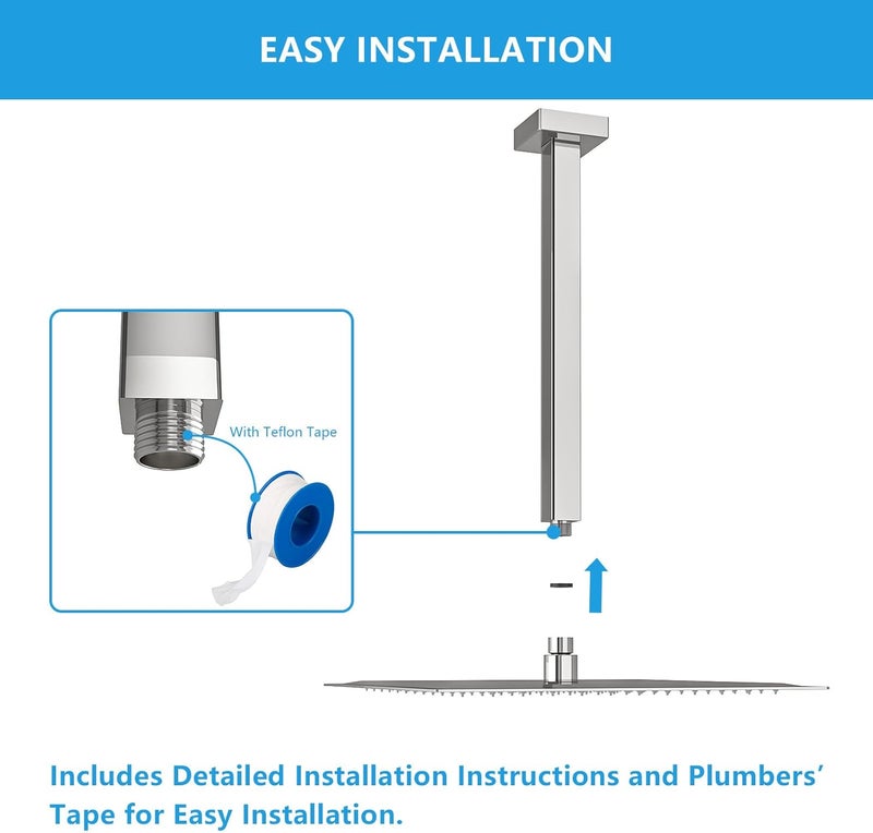 Lordear Shower Arm 12 Inch Polished Chrome Ceiling Mount Shower Arm and Flange,12" Shower Head Extension Arm Design for Rainfall Showerhead,Square - Image 4